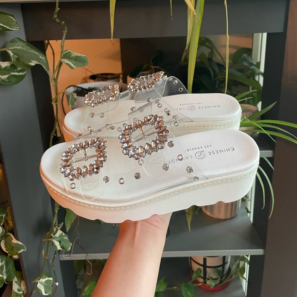Chinese Laundry White Platform Sandals with Sparkling Clear Gem Accents